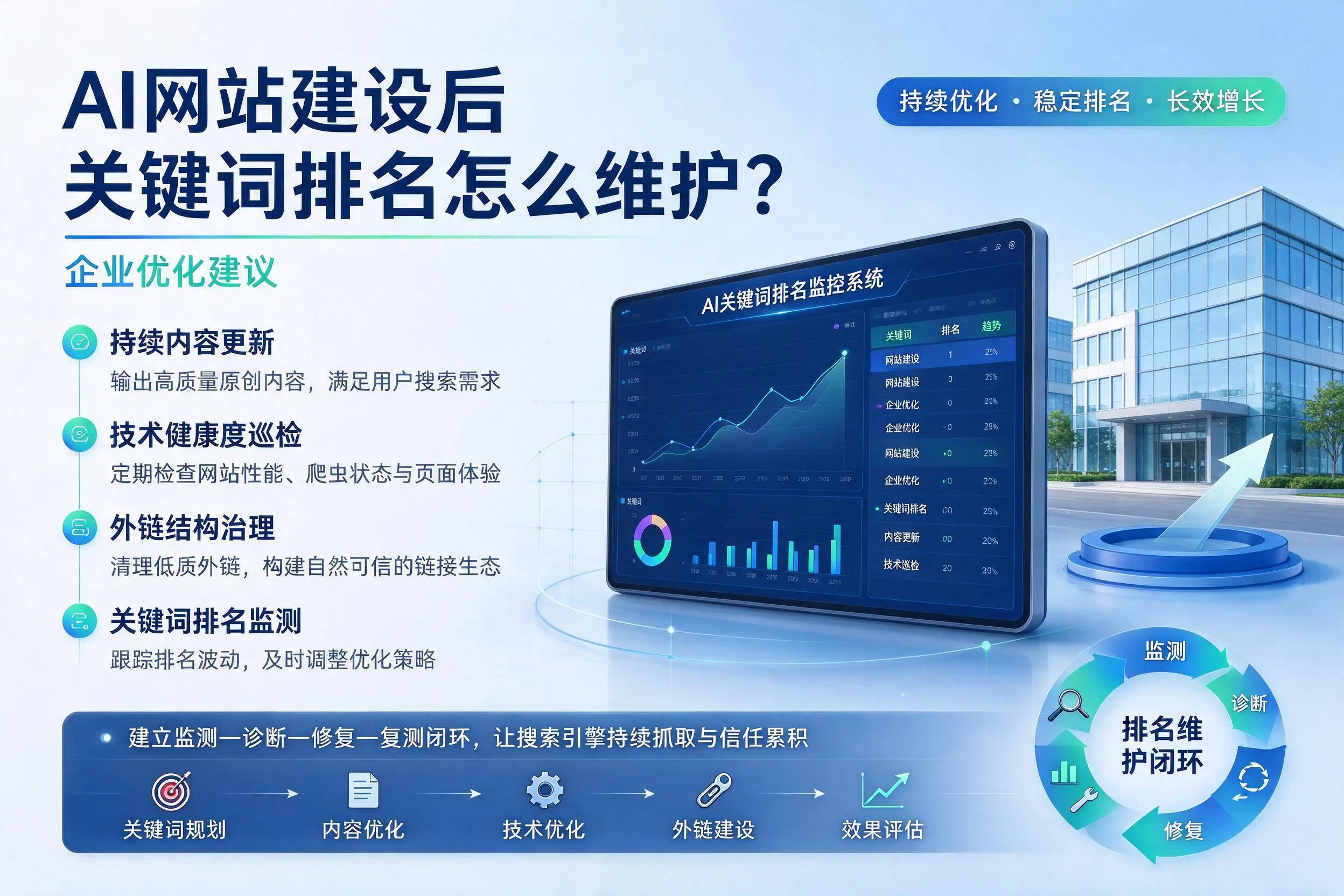 AI网站建设后关键词排名怎么维护?乐山企业优化建议